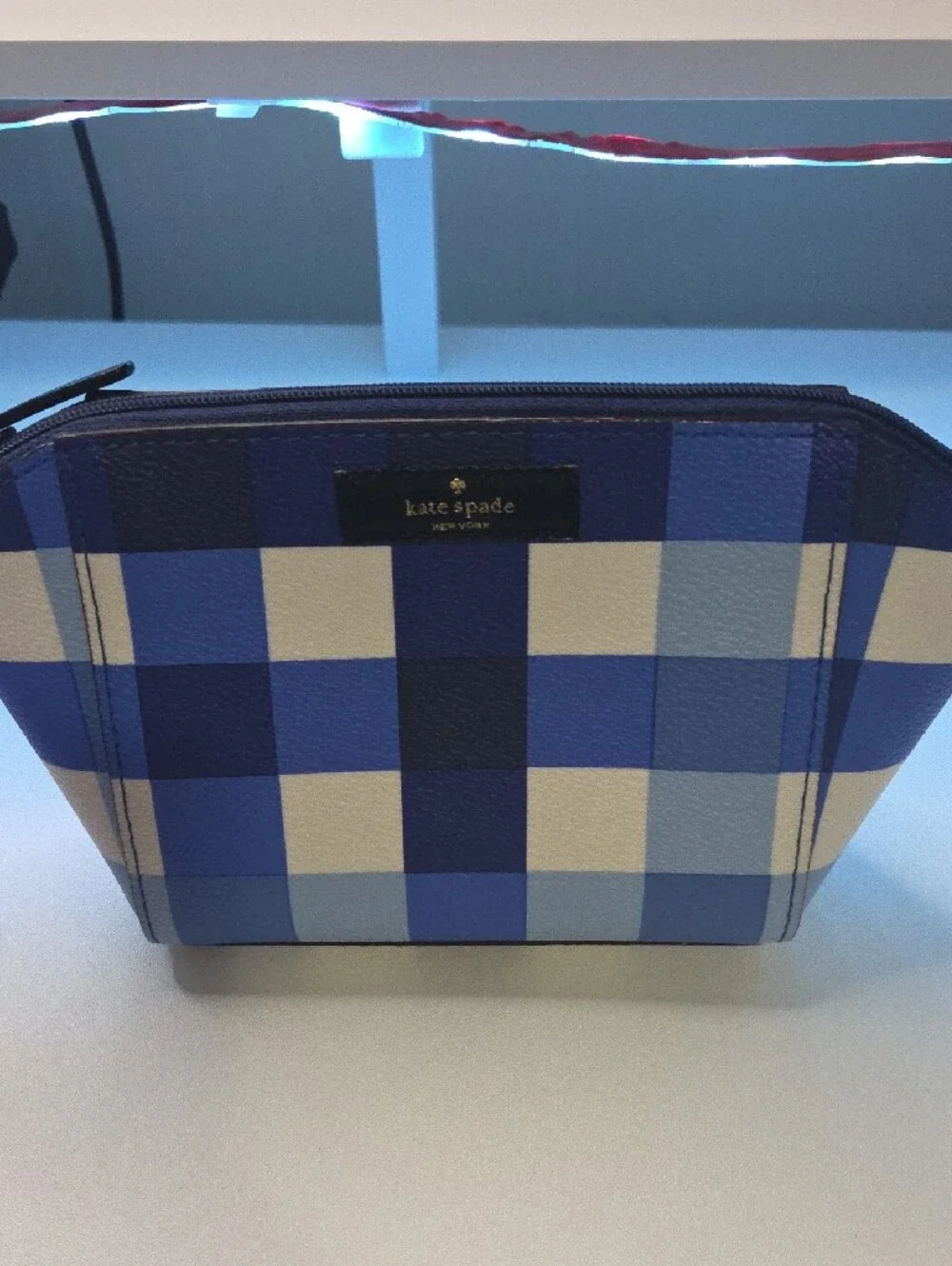 kate spade blue and white Pacific gingham Cosmetic Case